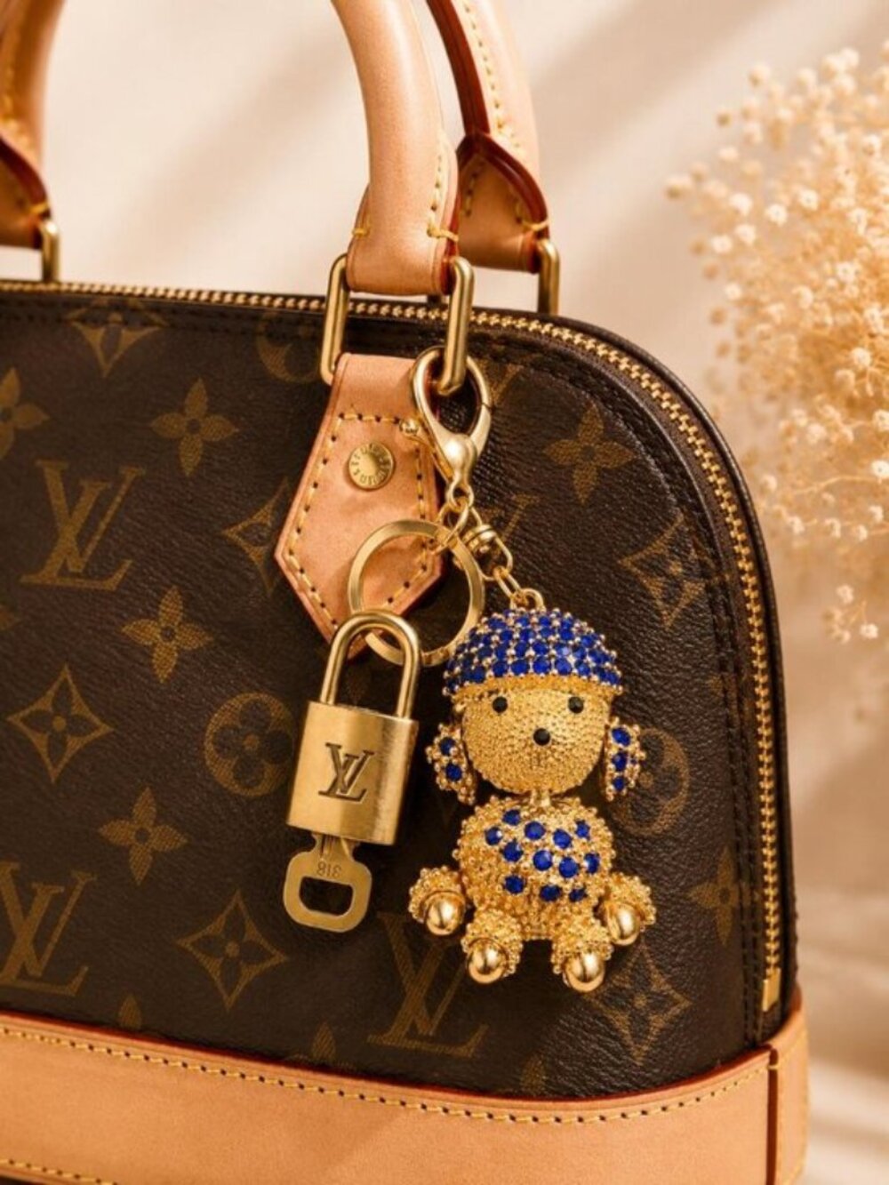 Authentic LV Gold Padlock 🔒Gold Rhinestone Poodle Dog Bag Charm Keychain